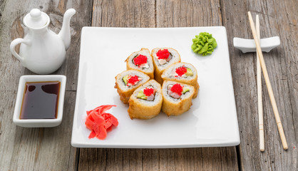 Fototapeta na wymiar Japanese traditional sushi food and rolls with fresh seafood