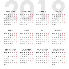 Simple calendar for 2019 year. Week starts monday