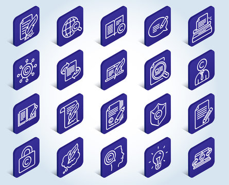 Copywriting line icons. Set of Ð¡opyright protection, Signature and Feedback signs. Typewriter, Idea and Speech bubble message symbols. Flat design isometric buttons. 3d design concept. Vector