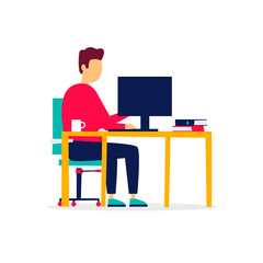 Office work, man working at a computer, business, workplace. Flat illustration in cartoon style. Vector.