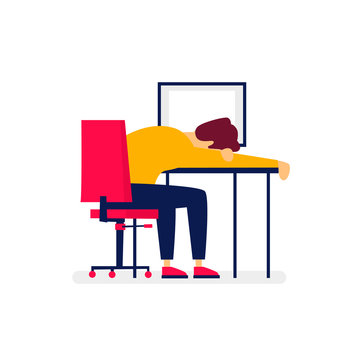 Businessman fell asleep in the workplace. Flat illustration in cartoon style. Vector.