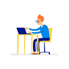 Man working at a computer, character, office, business, programmer. Workplace. Flat style vector illustration.