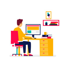 Man working at a computer, character, office, business, programmer. Interior, workplace. Flat style vector illustration.