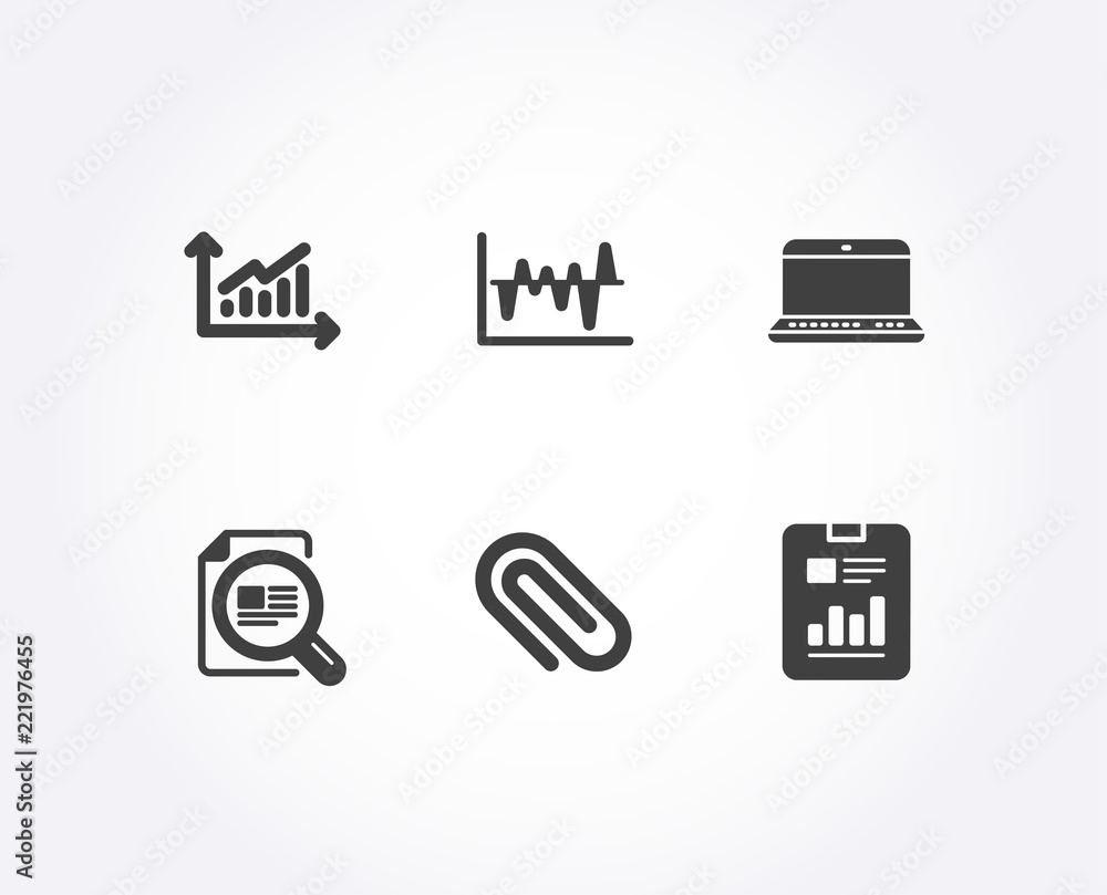 Poster set of check article, paper clip and graph icons. stock analysis, notebook and report document signs