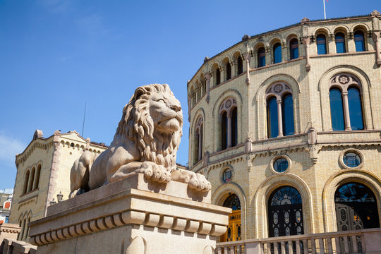 Lion statue at Storting Parliament of Norway Building Central Oslo Norway Scandinavia