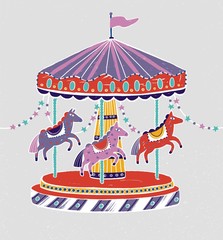 Carousel, roundabout or merry-go-round with adorable horses or ponies. Amusement ride for children's entertainment decorated with star garlands. Colorful vector illustration in flat cartoon style.