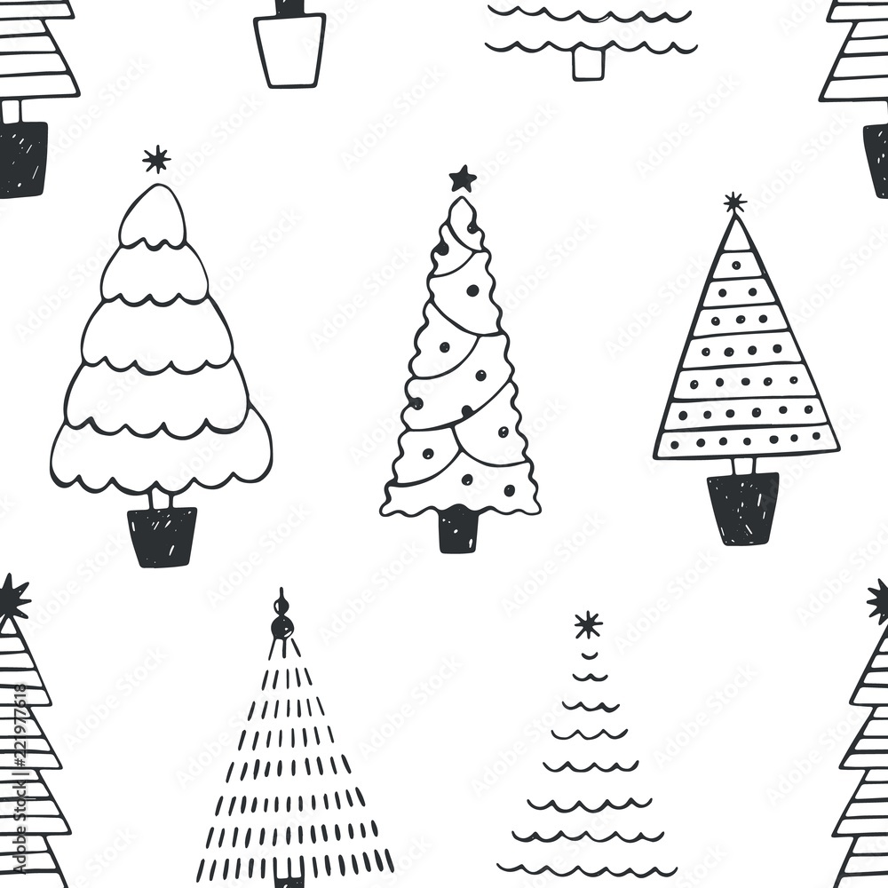 Poster Seamless pattern with different Christmas trees or spruces drawn with black contour lines on white background. Backdrop with coniferous forest or wood. Monochrome vector illustration in doodle style.