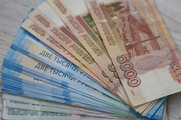 The texture of the banknotes. Russian money, banknote close up macro, rouble money close up.