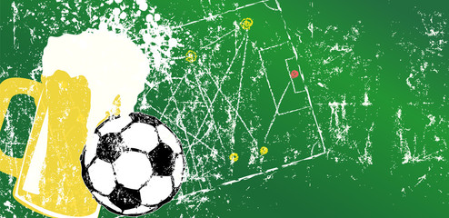 Grungy Soccer and beer illustration, design template, free copy space, vector