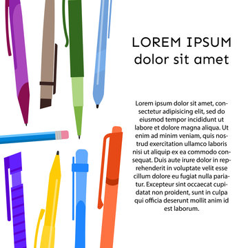 Background with pens, pencils and place for your text. Vector illustration.

