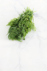 Bunch of fresh dill on white marble, copy space