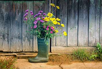 autumn thanksgiving background / a bouquet of autumn flowers in a rubber boot, pumpkin and branches of viburnum on a background of old house