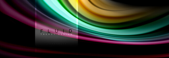 Fluid colors abstract background colorful poster, twisted liquid design on black, colorful marble or plastic wave texture backdrop, multicolored template for business or technology presentation or web