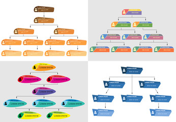 Set of four colorful business structure concept, corporate organization chart scheme with people icons. Vector illustration.
