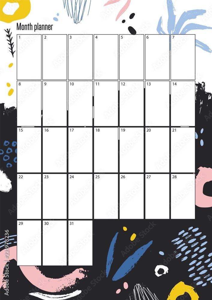 Poster creative monthly planner template with colorful dots, stains, blots and paint traces on background. 