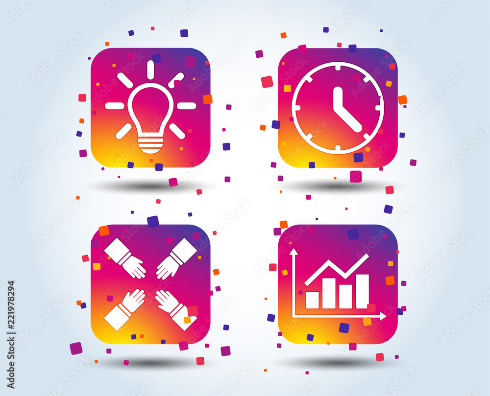 Poster lamp idea and clock time icons. graph chart diagram sign. teamwork symbol. colour gradient square bu
