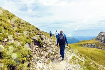 Naklejka na ściany i meble Group of friends hiking in Fagaras Mountains