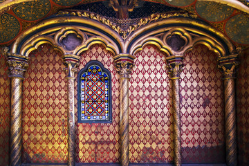 Beautiful interior of the Sainte-Chapelle (Holy Chapel), a royal medieval Gothic chapel in Paris, France, on April 10, 2014  