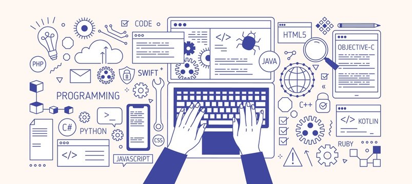 Horizontal banner with hands typing on laptop keyboard, various electronic devices and symbols. Programming, software development, coding. Monochrome vector illustration in modern line art style.