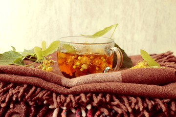 cozy autumn background/a Cup of Linden tea ,and a blanket/relax background