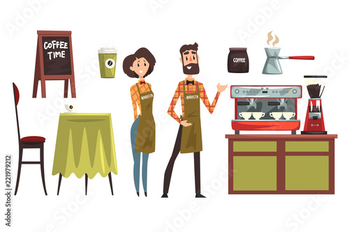 Happy Man And Woman Barista Wearing Plaid Shirts Set With