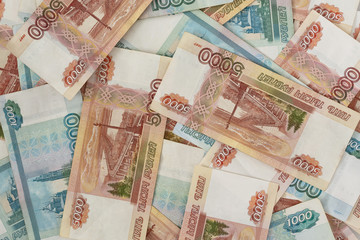 The texture of the banknotes. Russian money, banknote close up macro, rouble money close up.