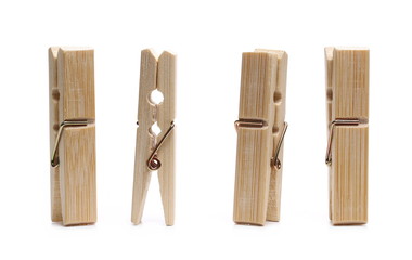 Set  close-up clothespins, natural bamboo peg isolated on white background