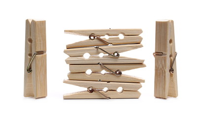 Set  close-up clothespins, natural bamboo peg isolated on white background