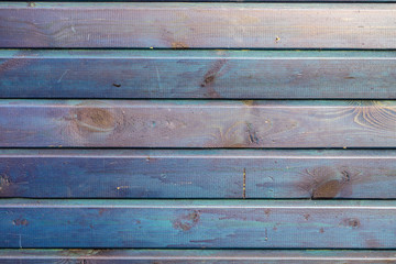 Blue painted wooden surface, different shades. Rustic natural wooden gorisontal planks with cracks, scratches for modern design, patterns