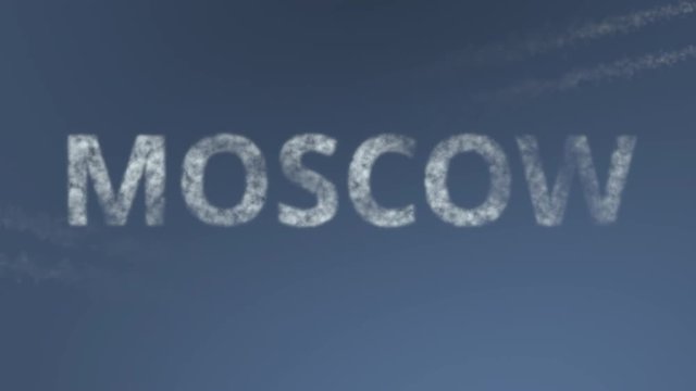 Flying airplanes reveal Moscow caption. Traveling to Russia conceptual intro animation