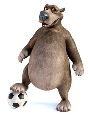3D rendering of a cartoon bear posing with soccer ball.