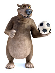 3D rendering of a cartoon bear posing with soccer ball.