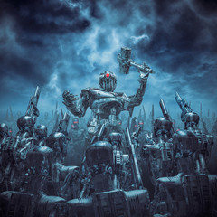Once more unto the breach / 3D illustration of science fiction scene with robot general holding battle hammer rallying his android troops under a stormy dark sky © grandeduc