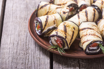 Grilled eggplant (aubergine) rolls with cream cheese