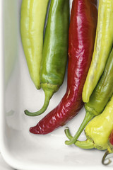 close-up of colorful bitter peppers. Pods of red and green bitter pepper. Harvest vegetables