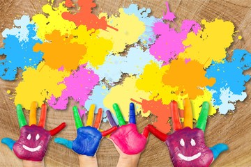Children painting artwork  concept. kids hands with colors and