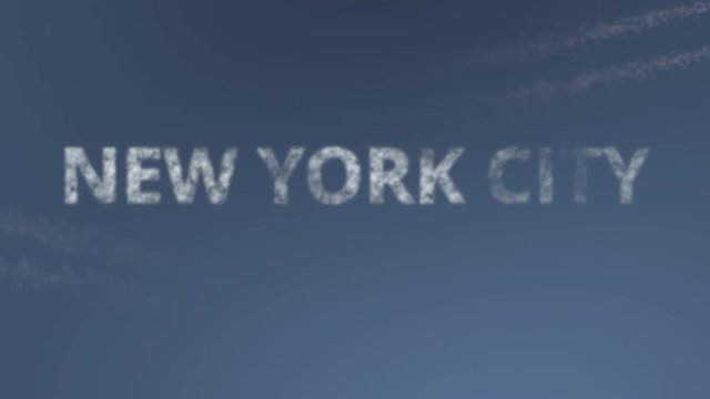Flying airplanes reveal New York City caption. Traveling to the United States conceptual intro animation