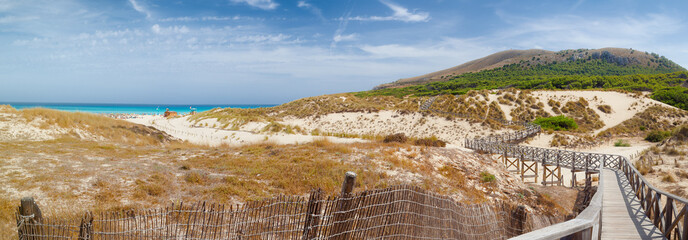 Wooden boardwalk over dunes in mallorca panorama