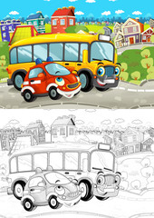 cartoon scene with different vehicles in the city - cars - with artistic coloring page - illustration for children
