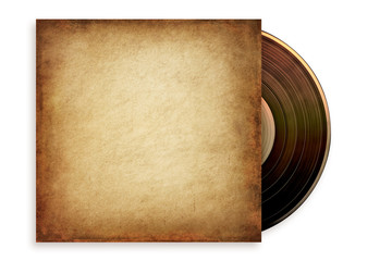 Old grunge vinyl record in a paper case, isolated on white. Path included.