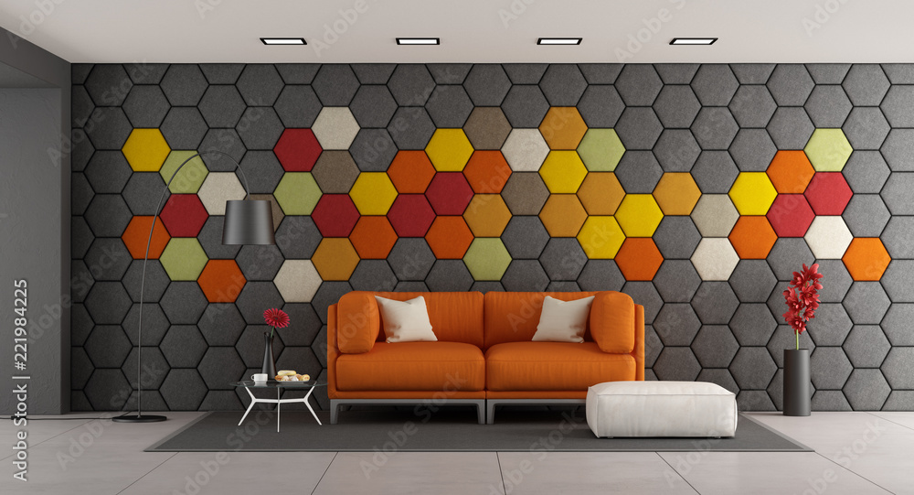 Poster modern living room with white sofa and colorful hexagonal panels on wall - 3d rendering