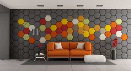 Modern living room with white sofa and colorful hexagonal panels on wall - 3d rendering - obrazy, fototapety, plakaty