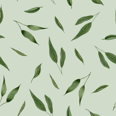 Seamless floral pattern with watercolor green leaves, hand drawn isolated on a grey background
