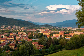 Obraz premium Bergamo, Italy August 18, 2018: Panoramic view from above to the evening city.