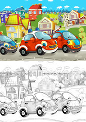 cartoon scene with cars on the street - with coloring page - illustration for children