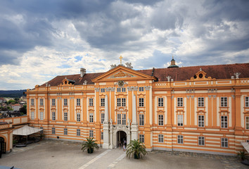 Fototapeta premium Aerial view of the Melk Abbey - ancient Benedictine monastery in the town of Melk. Lower Austria, Europe.