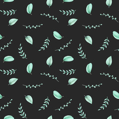 Seamless floral pattern with eucalyptus leaves, hand drawn on a dark background