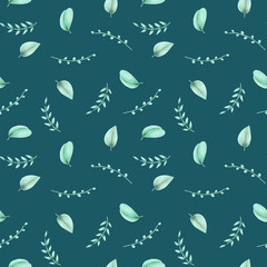 Seamless floral pattern with eucalyptus leaves, hand drawn on a dark blue background