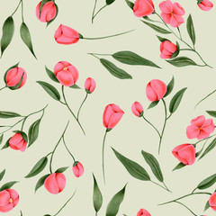 Seamless pattern of hand painted crimson flowers on a grey background