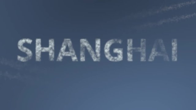 Flying airplanes reveal Shanghai caption. Traveling to China conceptual intro animation